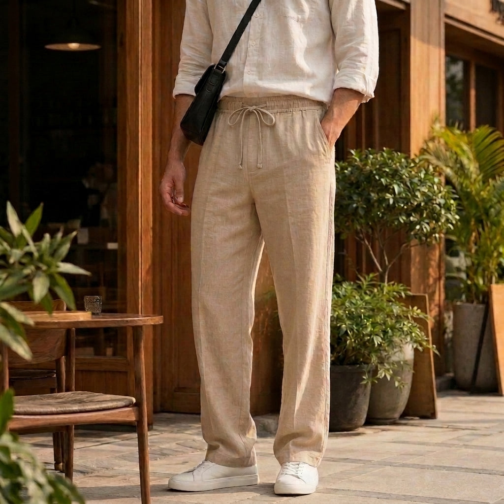 Linen Blend Trousers — Khaki