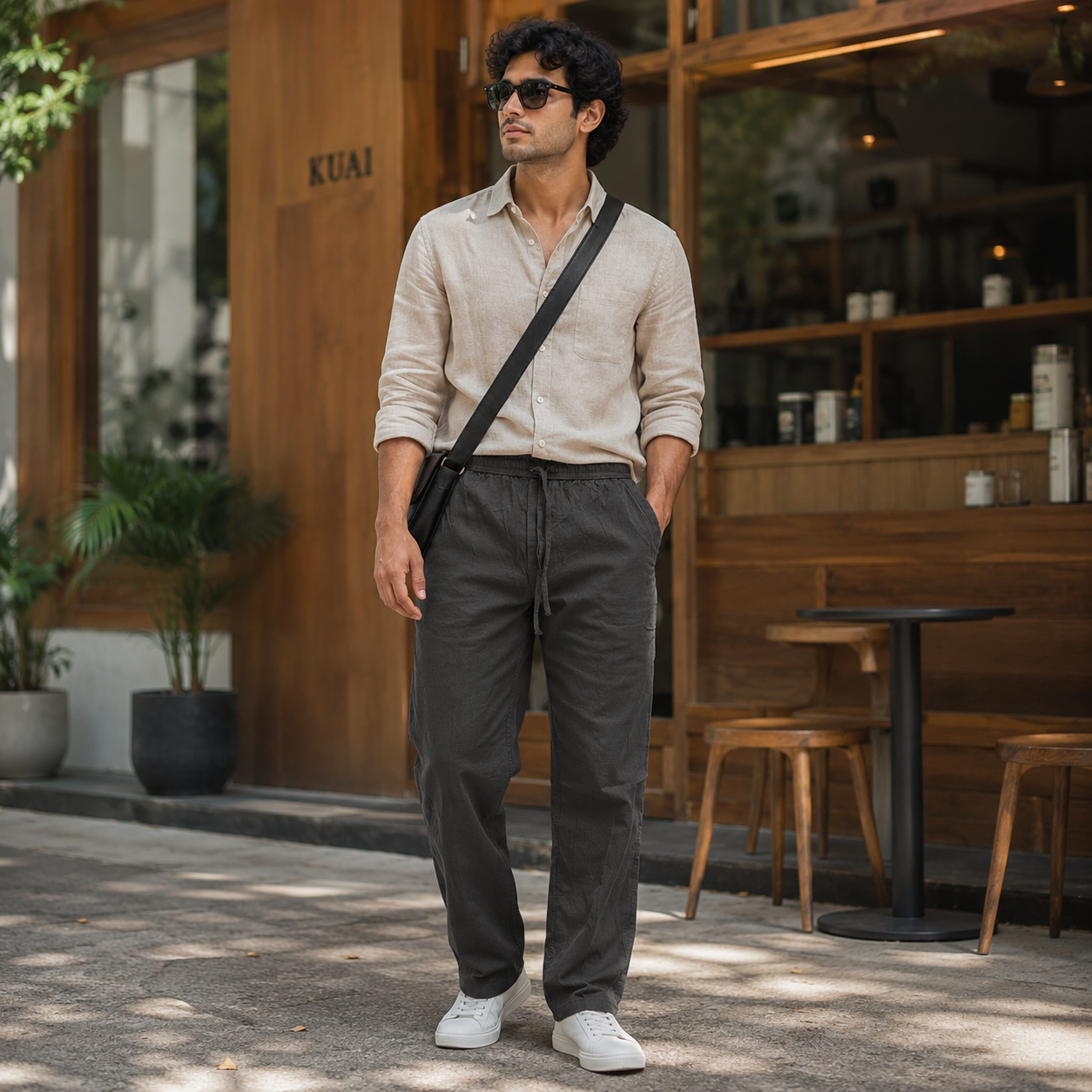 Linen Blend Trousers — Charcoal