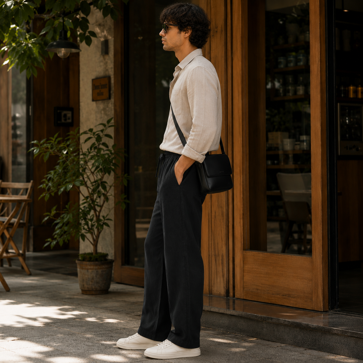 Linen Blend Trousers — Black