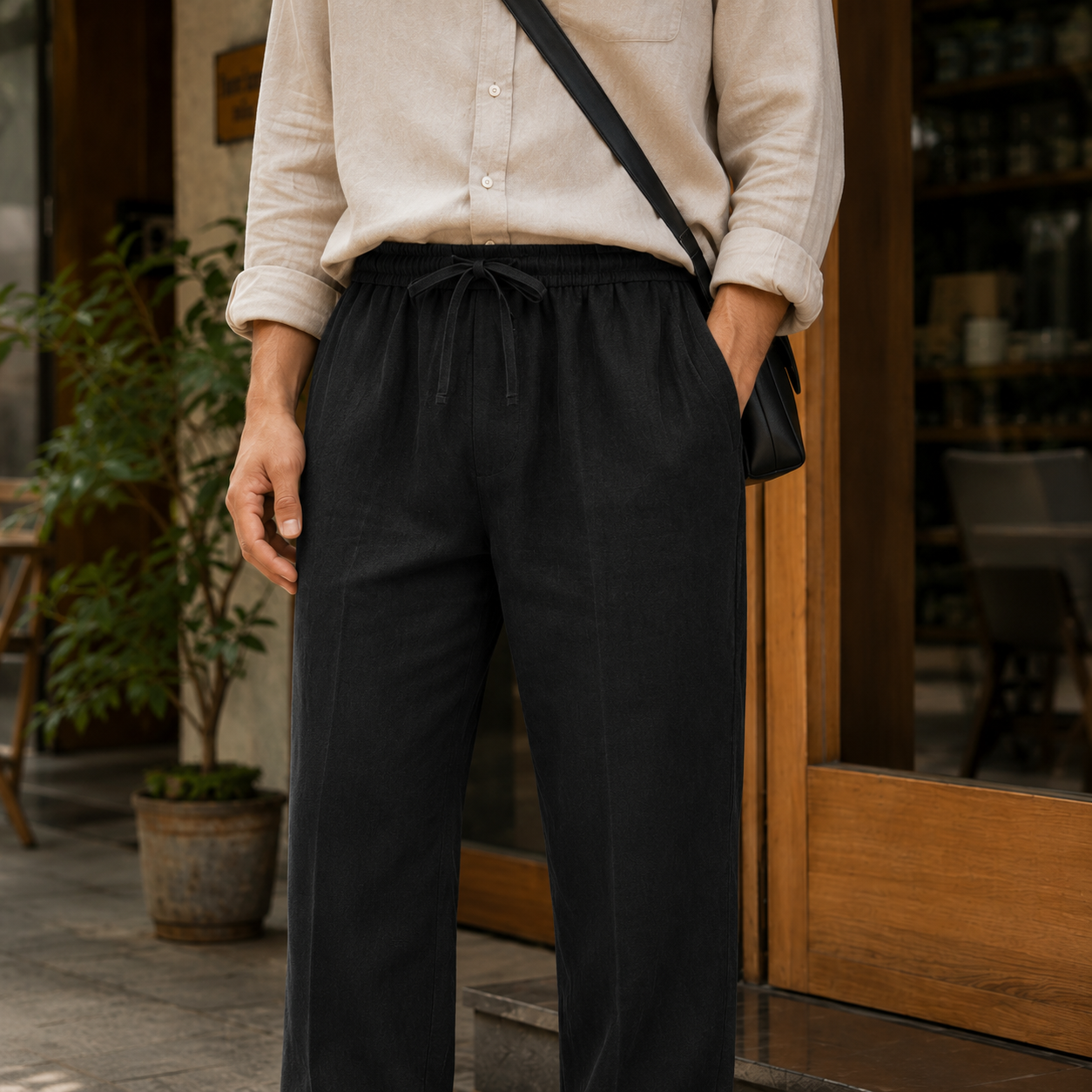 Linen Blend Trousers — Black