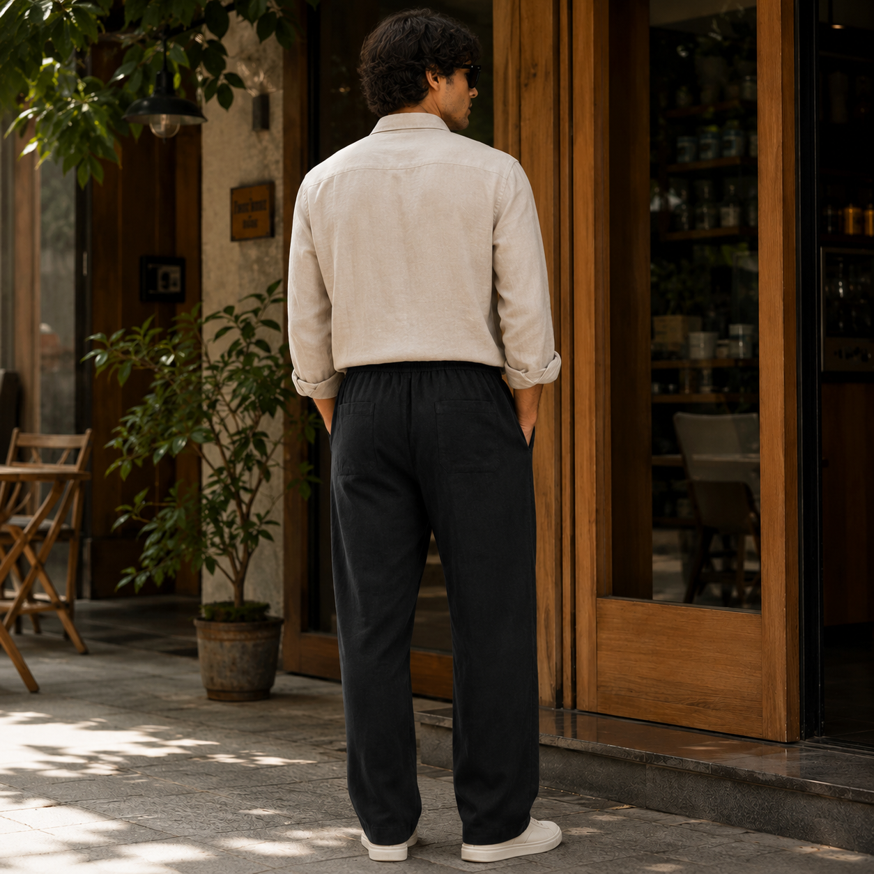 Linen Blend Trousers — Black