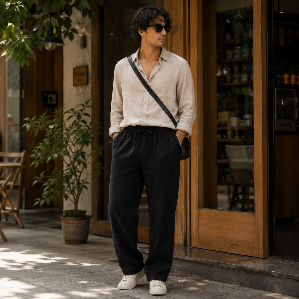 Linen Blend Trousers — Black