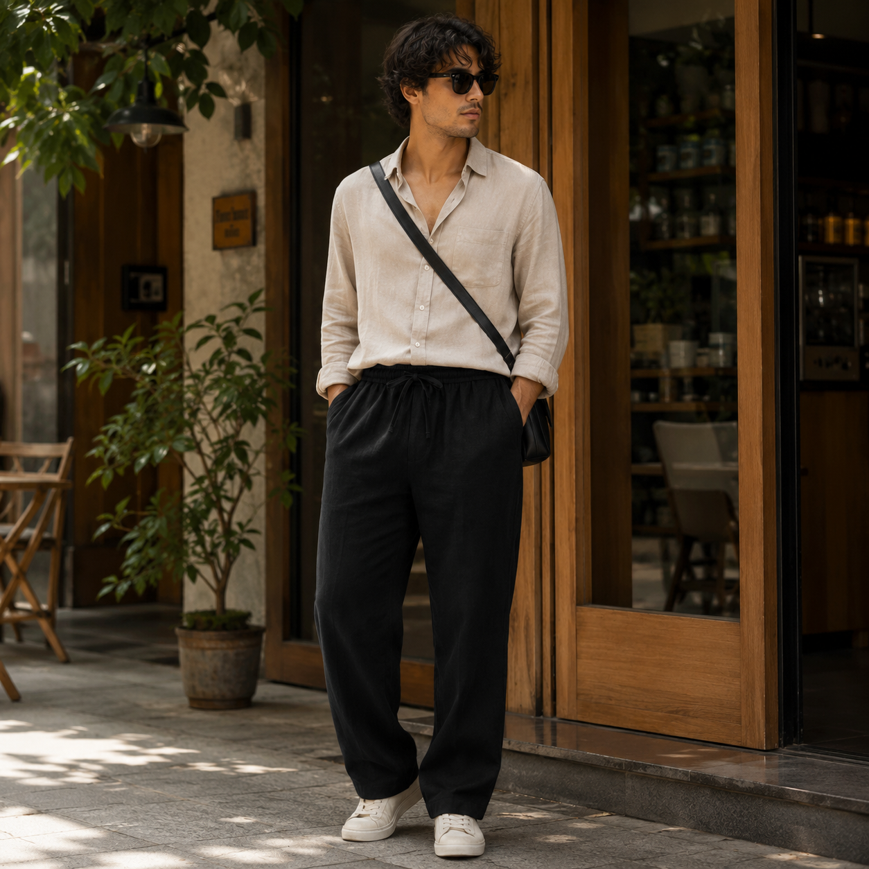 Linen Blend Trousers — Black
