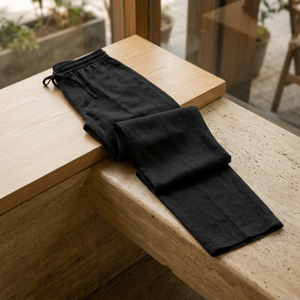 Linen Blend Trousers — Black