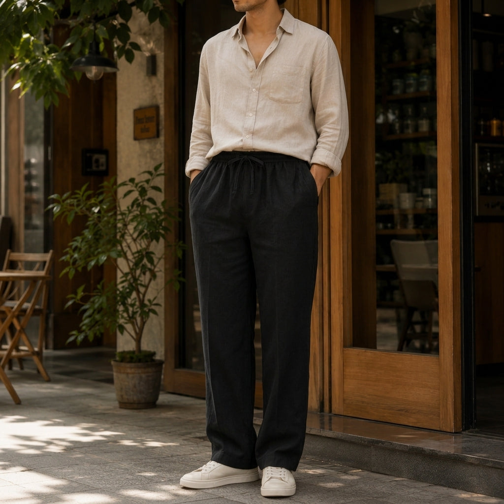 Linen Blend Trousers — Black